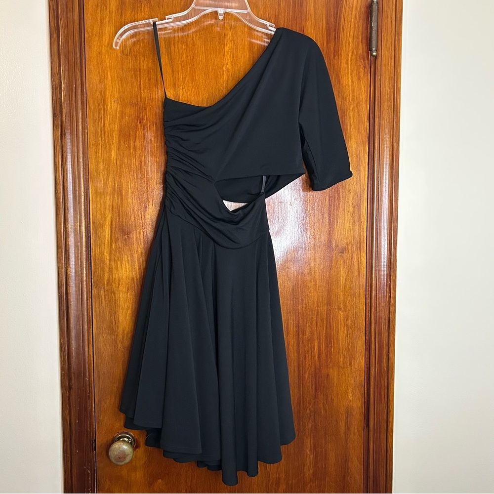 Ronny Kobo Mini Dress Black One Shoulder Cut Out Draped Ruched Unique Size Small